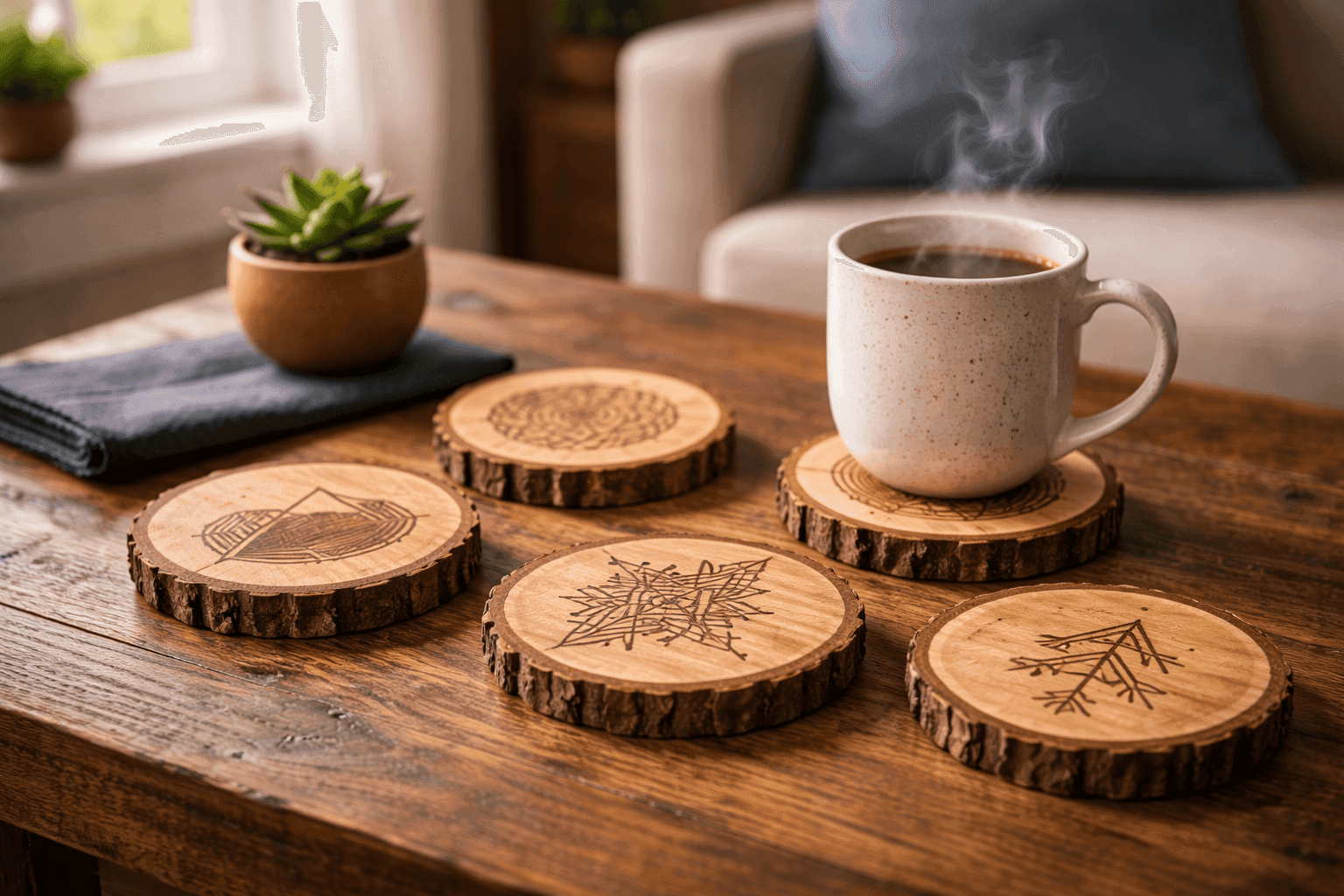 Rustic wood slice coasters with natural bark edges and wood-burned geometric designs arranged on wooden table with coffee mug