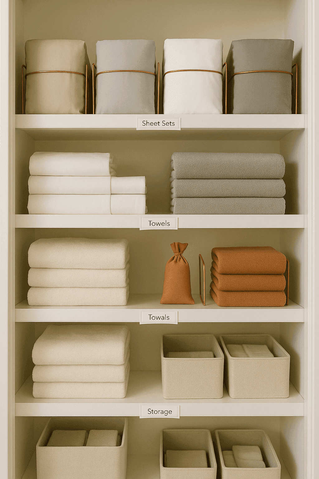 Beautifully organized linen closet with labeled shelves, sheet sets folded inside pillowcases, and towels arranged by color and size