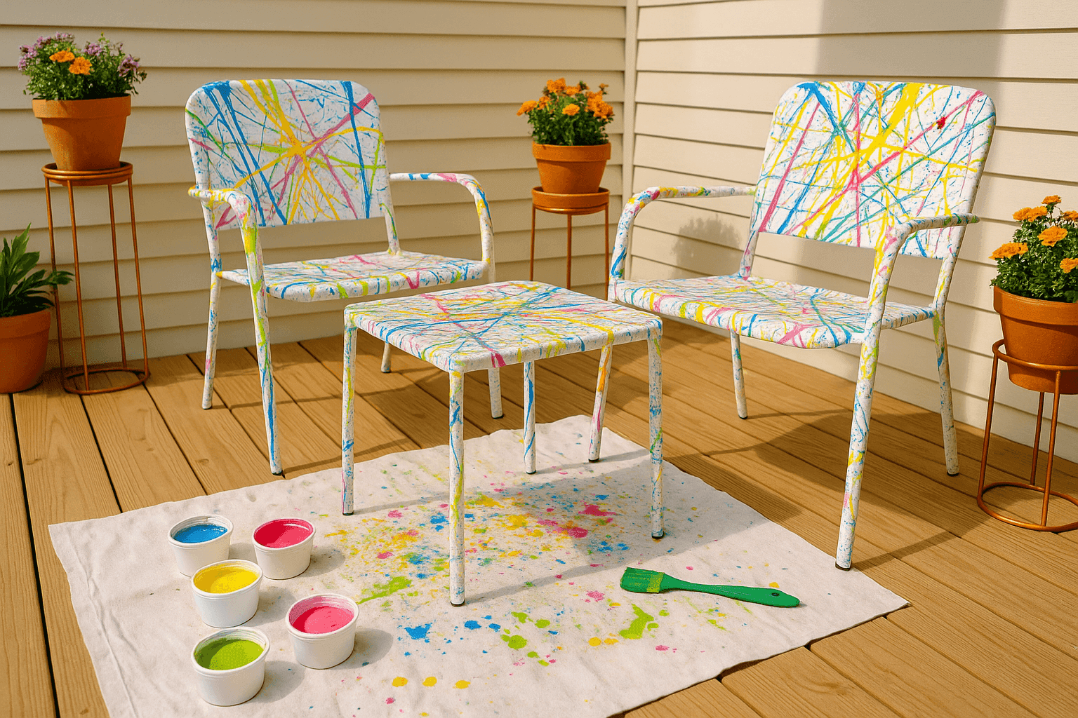 Vibrant outdoor chairs and table transformed with bold multi-colored paint splatter creating eye-catching abstract art furniture on patio