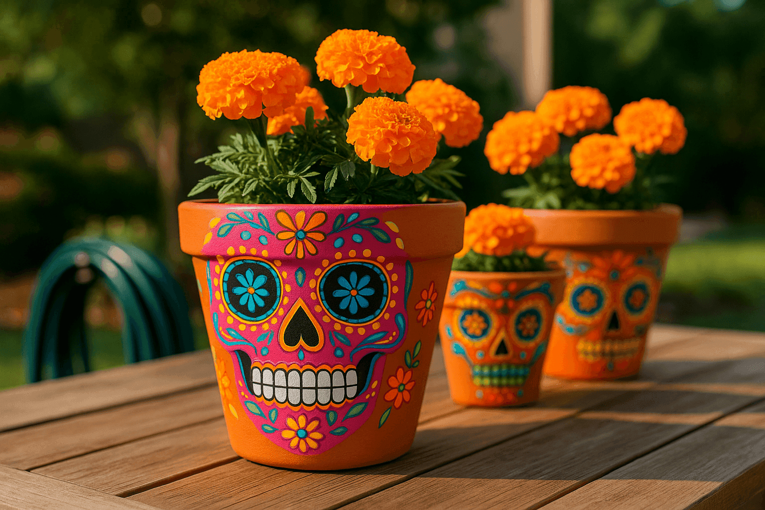Colorful hand-painted terracotta planters with vibrant Day of the Dead sugar skull designs filled with bright orange marigolds