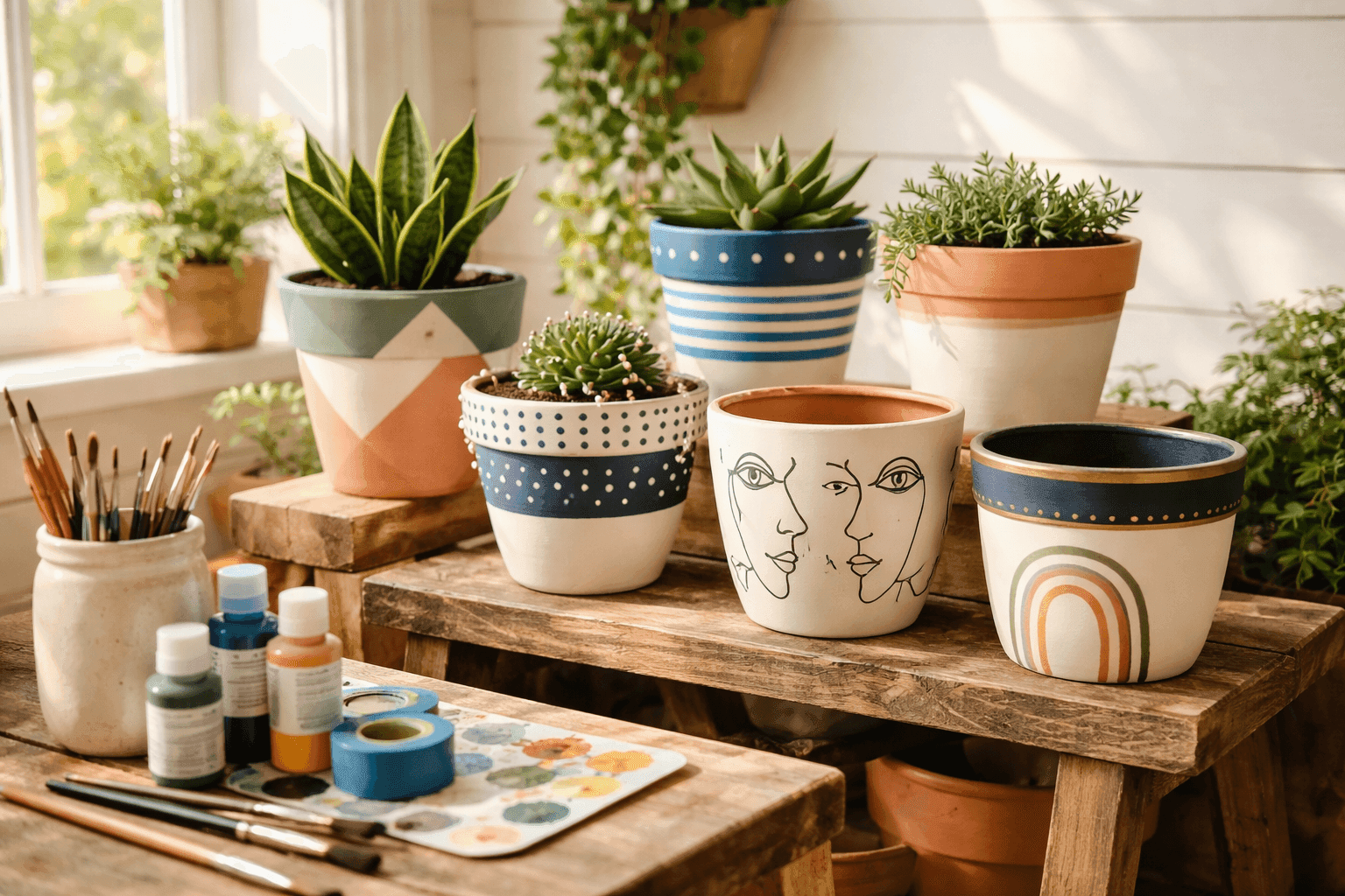 Collection of hand-painted terra cotta pots with geometric patterns, ombré designs, and modern line art displayed on wooden plant stand