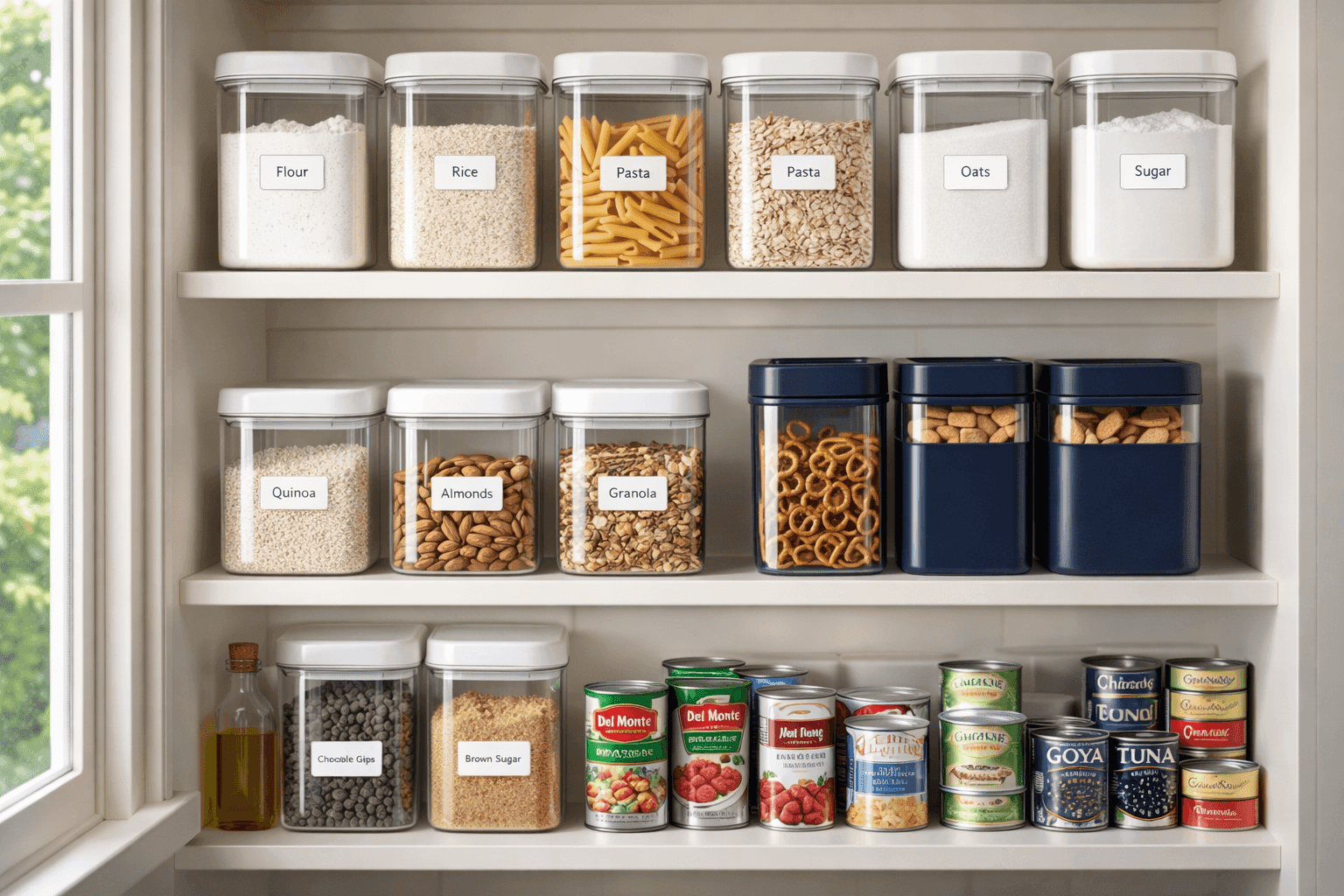 Organized pantry with clear labeled containers holding dry goods on clean shelves