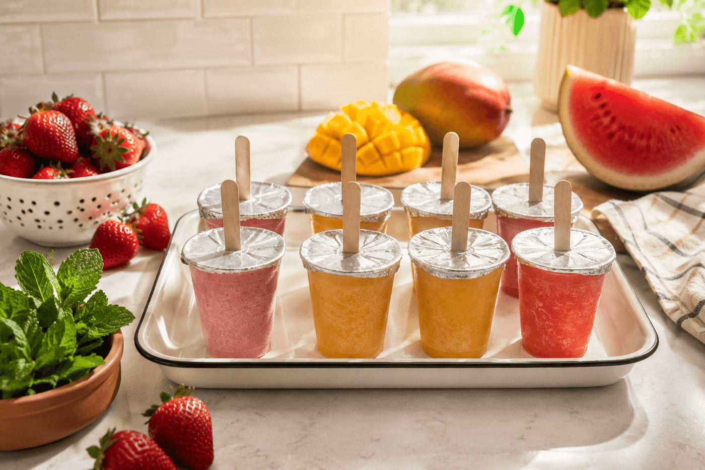 Eight colorful homemade popsicles in paper cups arranged on a white surface with fresh strawberries, mango slices, and watermelon pieces scattered around them, wooden sticks standing upright through foil tops