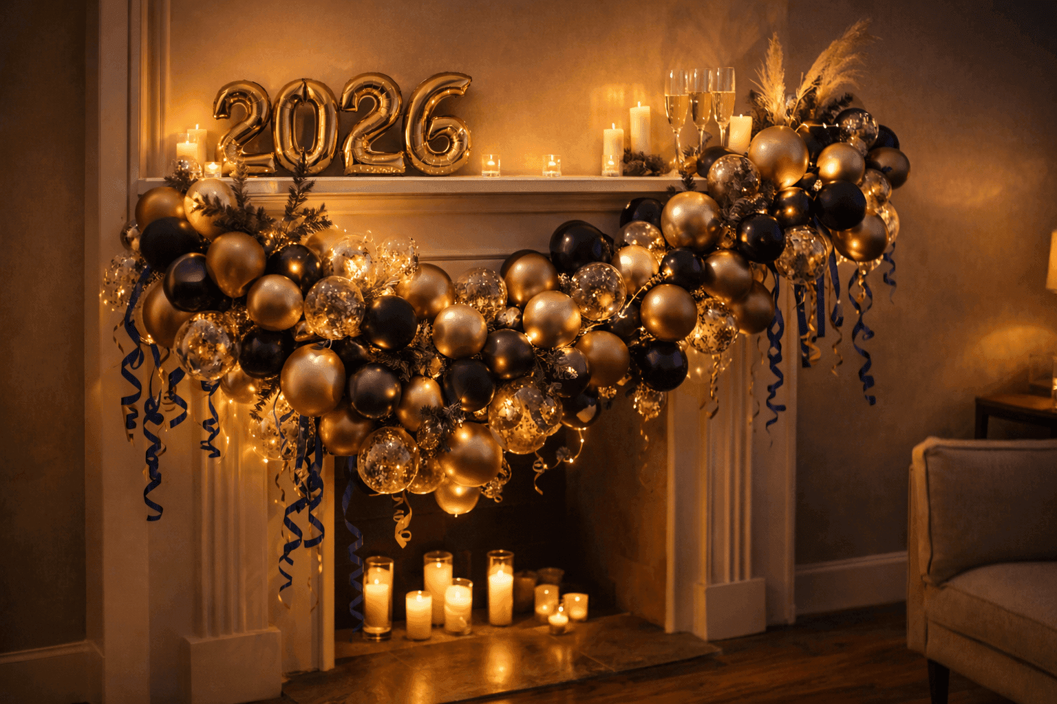 Dramatic metallic balloon garland in black, gold, and silver draped over mantel with confetti balloons