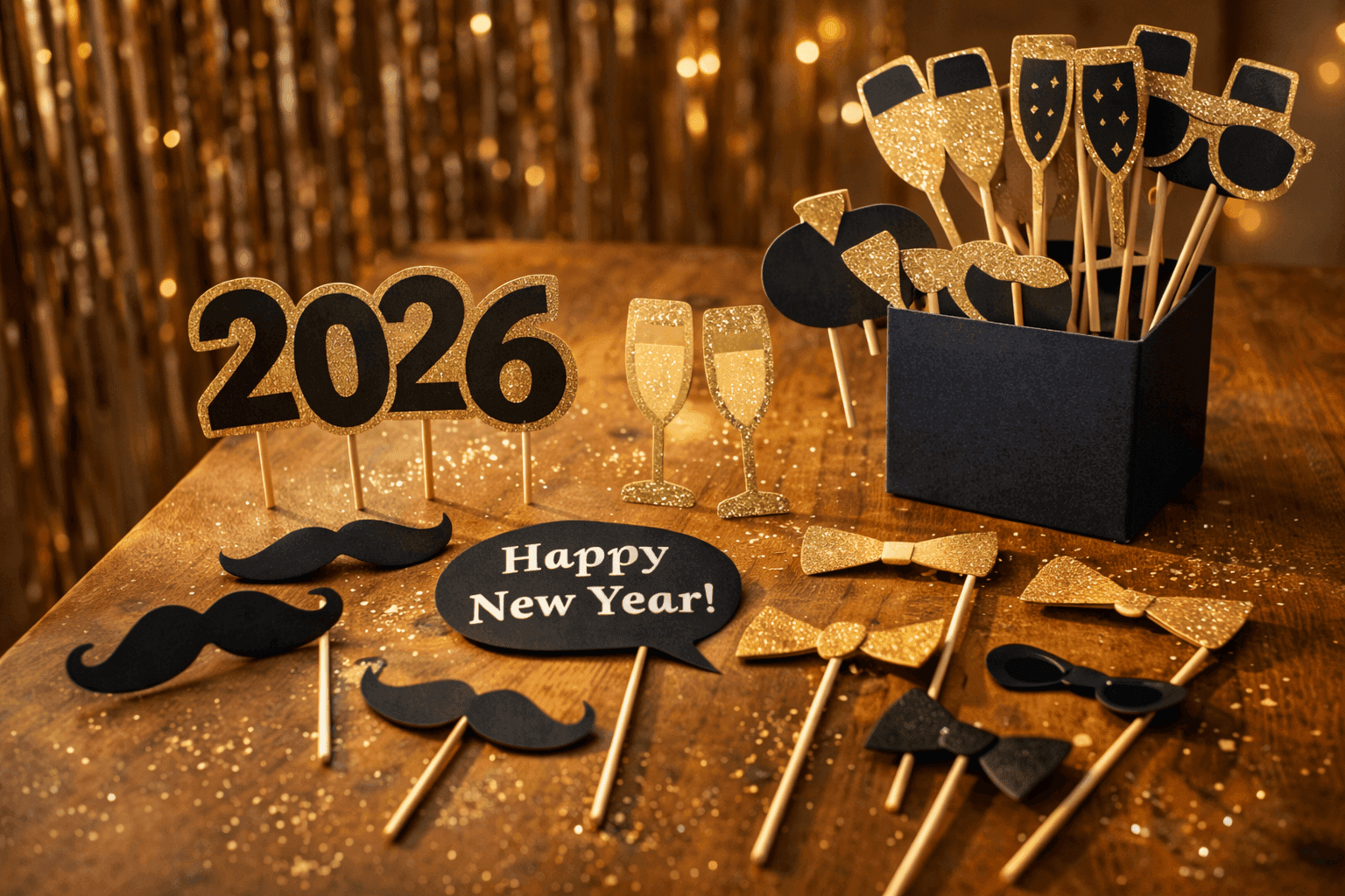 Handmade photo booth props including speech bubbles, mustaches, and glasses made from dollar store supplies