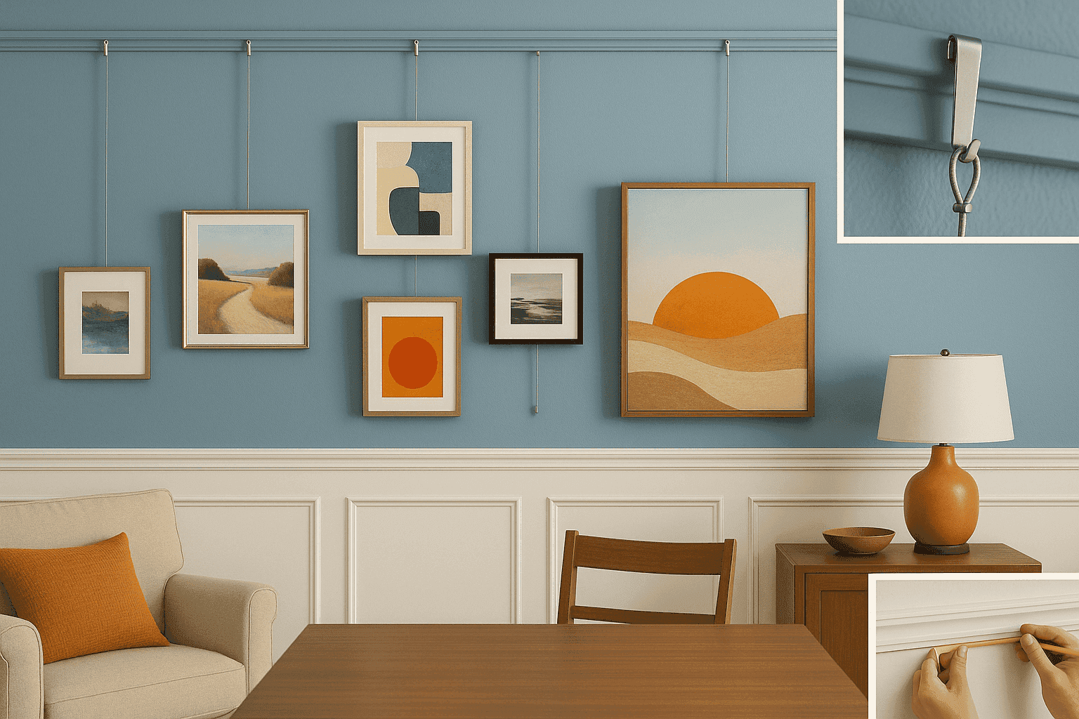 Living room with picture rail molding showing artwork hung from decorative hooks and wire