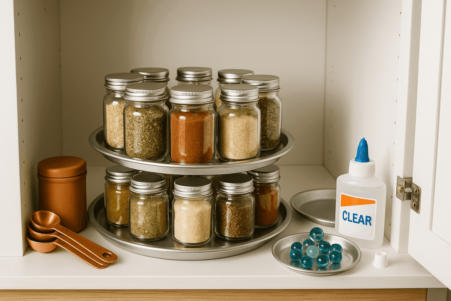 Dollar store pizza pans transformed into spinning lazy susan organizer with marbles creating smooth rotation, filled with spice jars