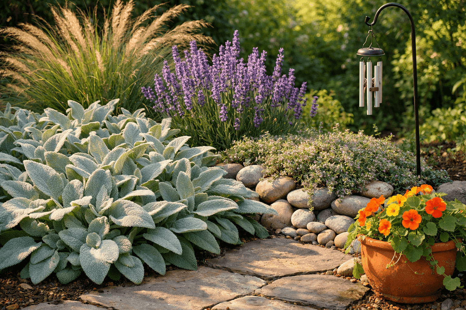 A lush sensory garden corner featuring silvery lamb's ear, purple lavender, flowing fountain grass, and creeping thyme edging a garden path with smooth river stones as a border
