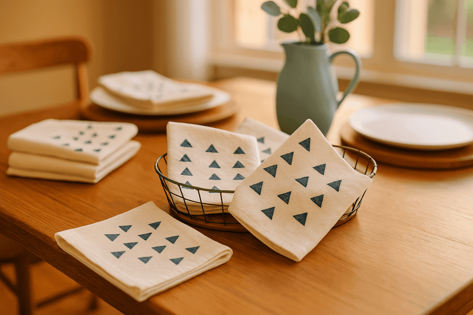 Hand-stamped cream linen napkins with geometric pattern designs displayed on holiday table setting with natural elements