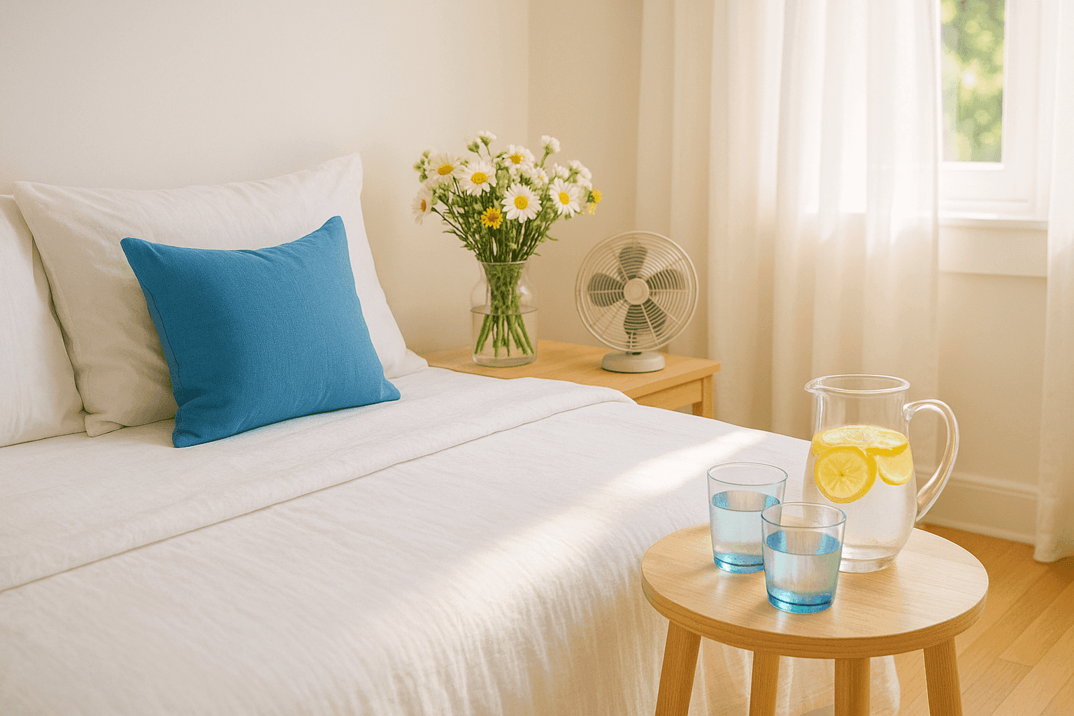 Inviting summer guest room with fresh flowers, lightweight bedding, lemon water pitcher, and cooling touches for warm weather comfort