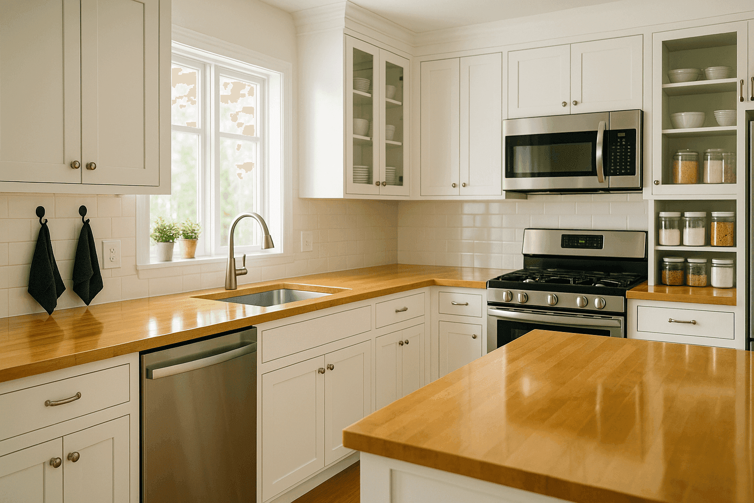 Sparkling clean organized kitchen with gleaming appliances, cleared counters, and neatly arranged pantry ready for holiday cooking season