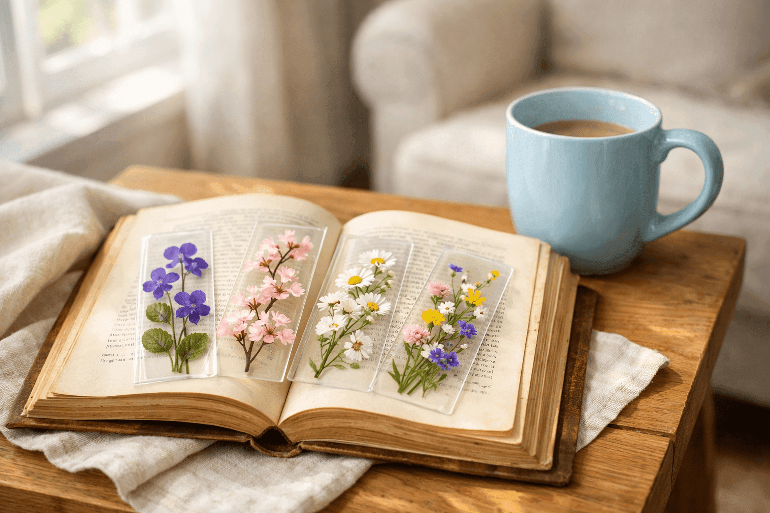 Delicate pressed flower bookmarks with laminated spring blooms arranged on open book pages in natural light