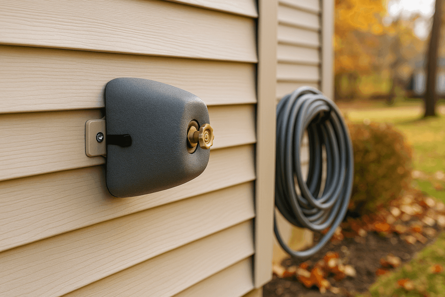 Outdoor water spigot with insulated foam cover installed on house exterior wall protecting against winter freeze damage