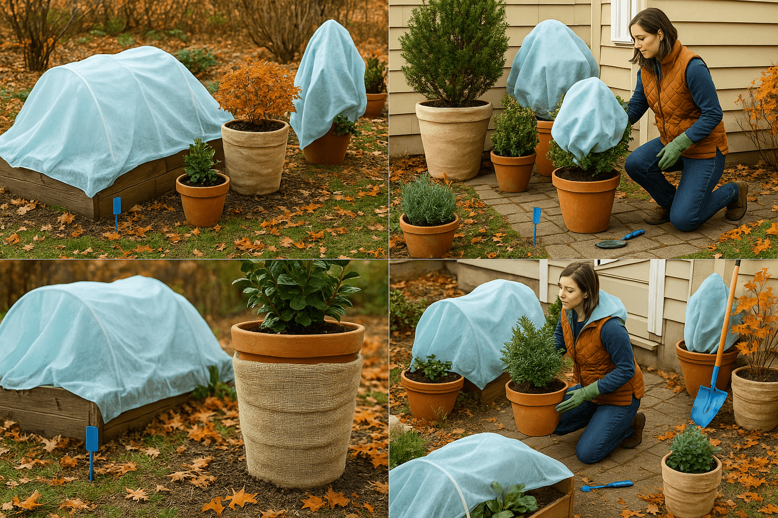 Garden showing protective covers over tender plants and containers being moved to sheltered locations to protect from frost damage