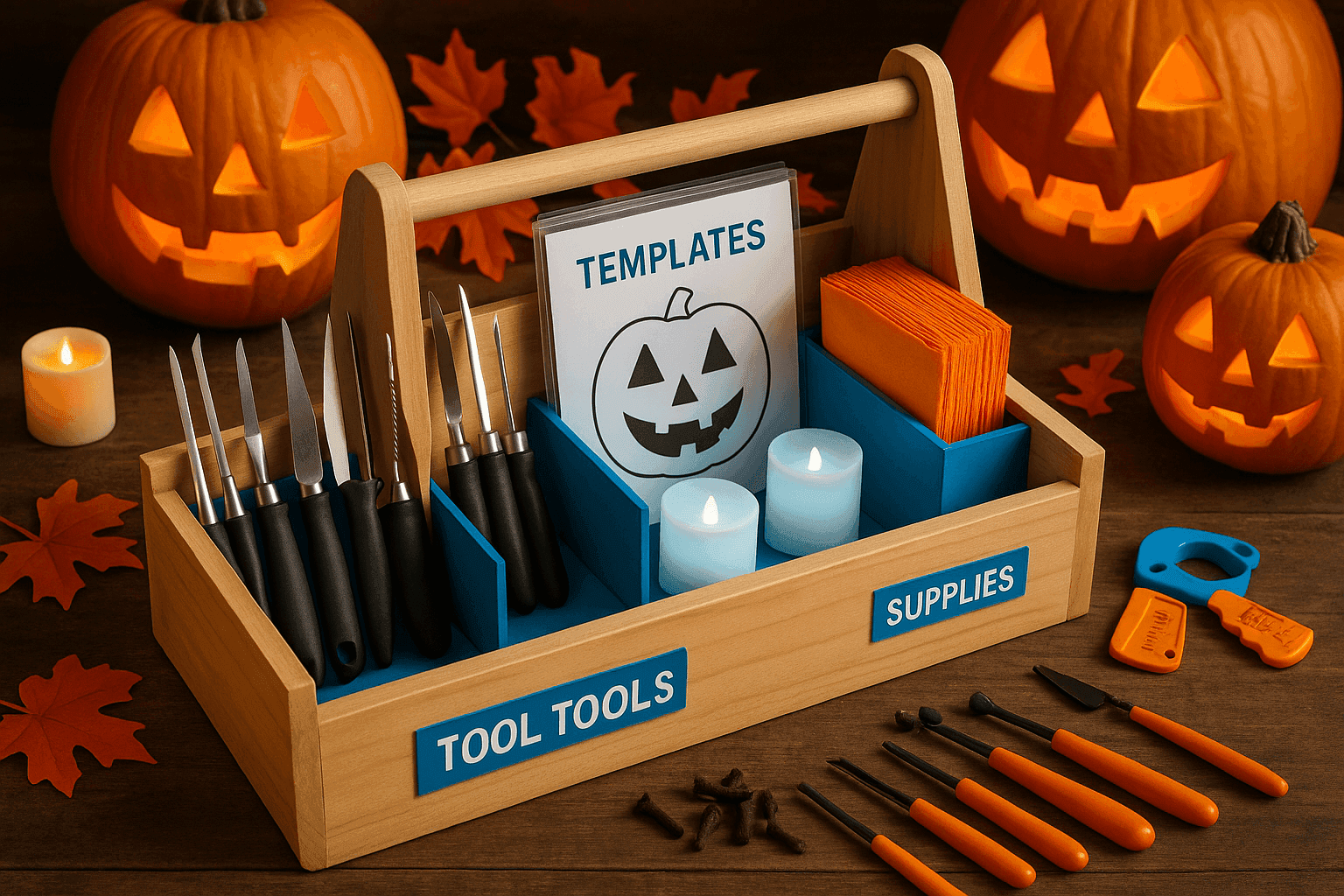 Well-organized pumpkin carving tool caddy with compartments holding carving tools, templates, LED candles, and supplies ready for family jack-o'-lantern making