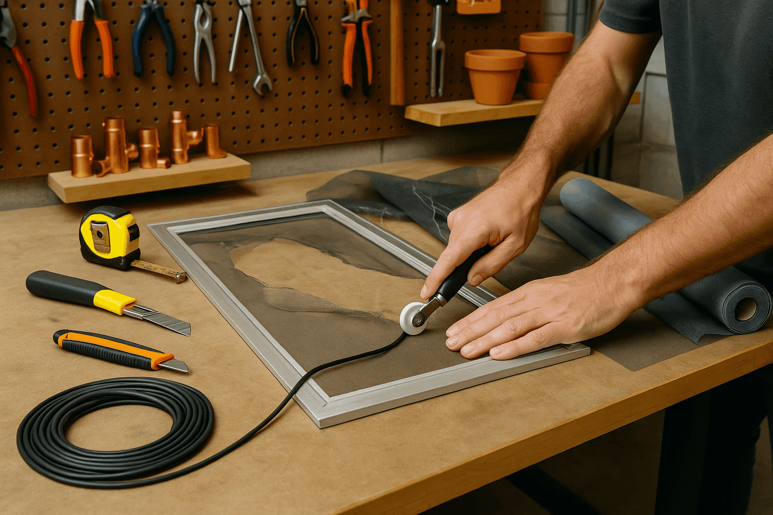 Hands repairing window screen with spline roller tool and new screen material on work table with repair supplies