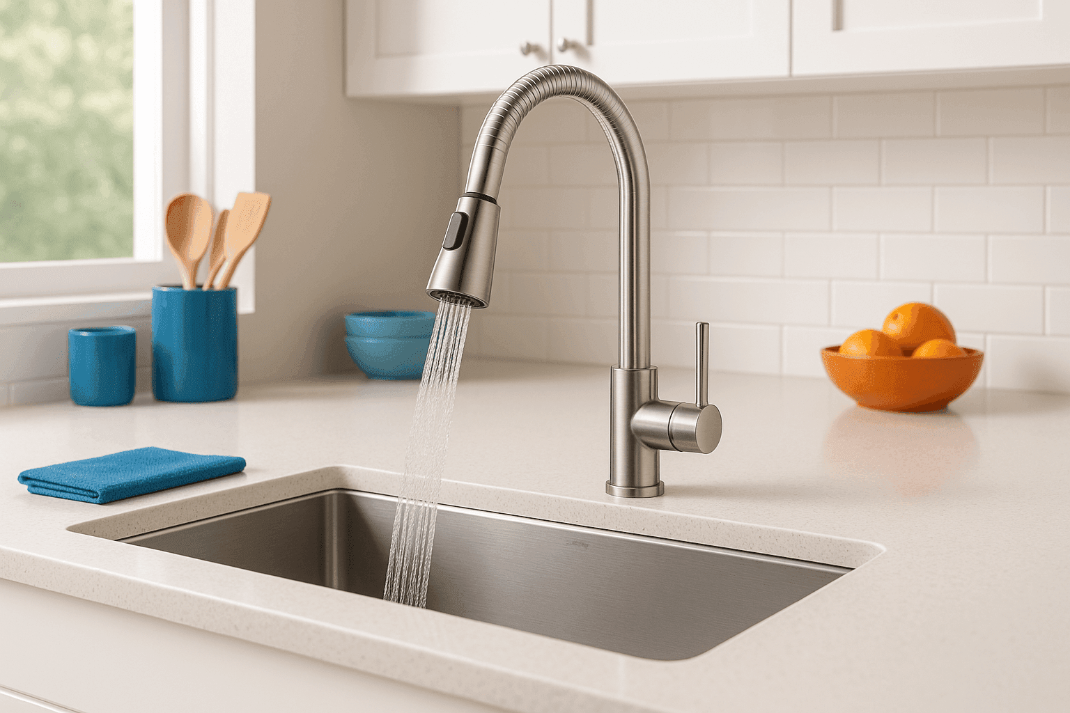 Modern kitchen featuring newly installed pull-down spray faucet with sleek design and functional spray head extended over clean dishes