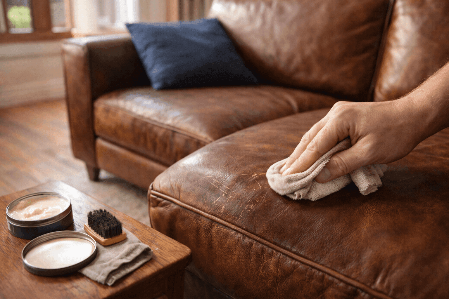 Leather couch being restored with shoe polish application blending scratches and scuffs on brown leather surface