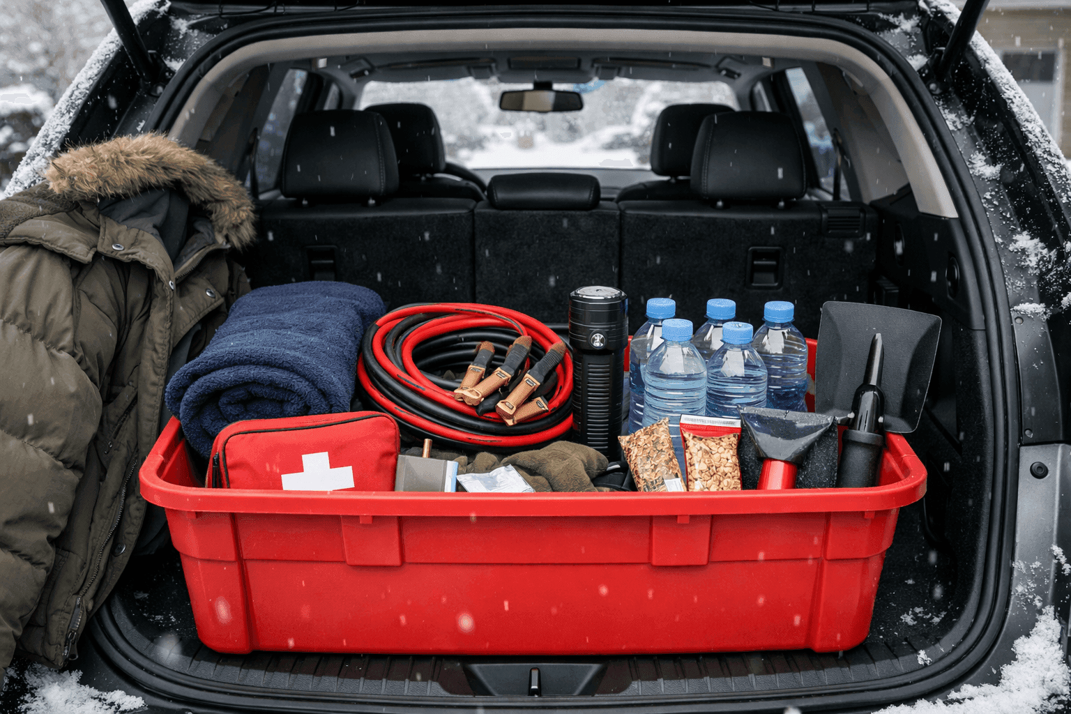 Organized winter car emergency kit with blankets, flashlight, jumper cables, and supplies in plastic bin in car trunk