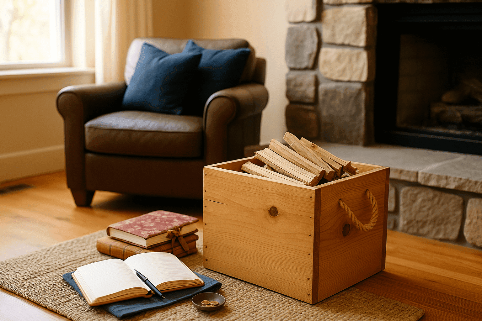 Handcrafted rustic pine kindling storage box with rope handles sitting beside a stone fireplace filled with neatly stacked wood pieces