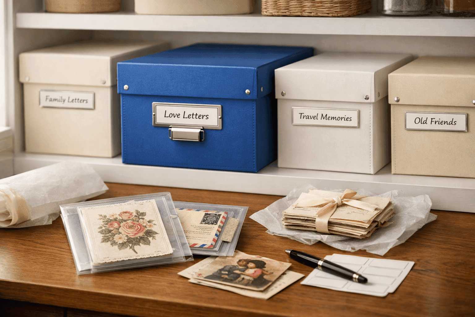 Organized keepsake boxes with labeled categories containing preserved letters and cards on organized shelf