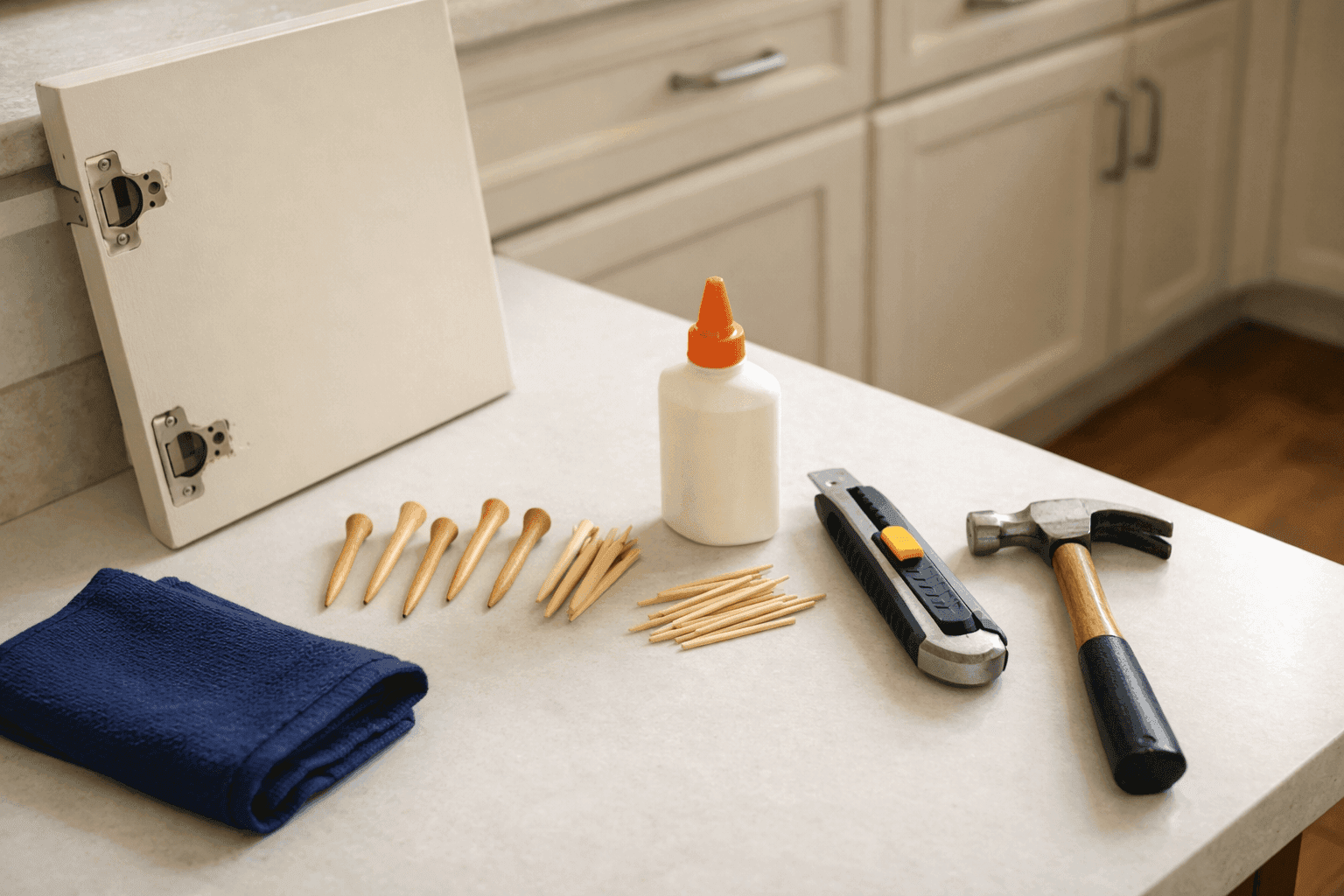 Cabinet hinge being repaired with wood filler fixing stripped screw hole