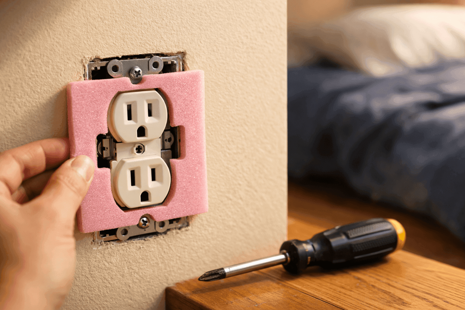 Foam gasket being installed behind electrical outlet cover plate on exterior wall