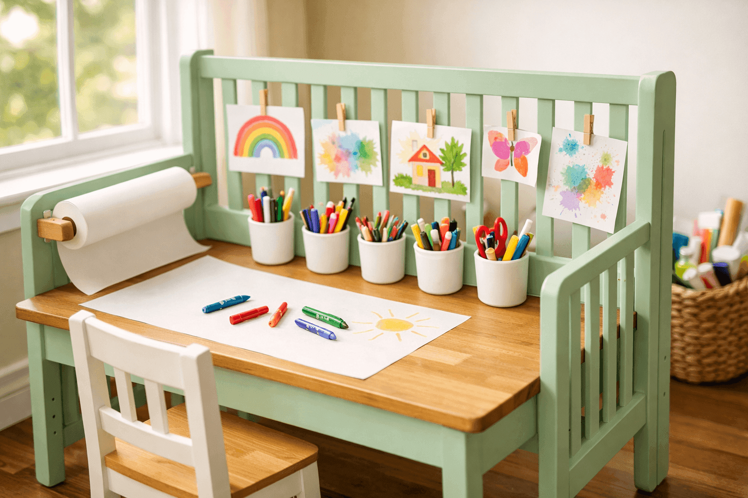 Upcycled crib transformed into colorful toddler art desk with built-in organizer and paper roll holder in bright playroom