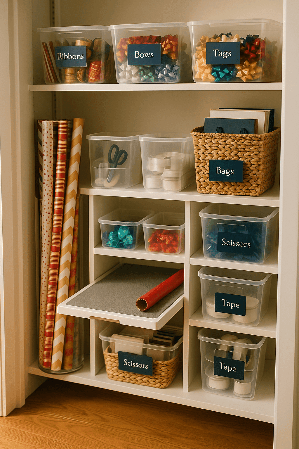 Organized gift wrap station in closet with labeled bins for paper ribbons tags and scissors all neatly arranged on shelves