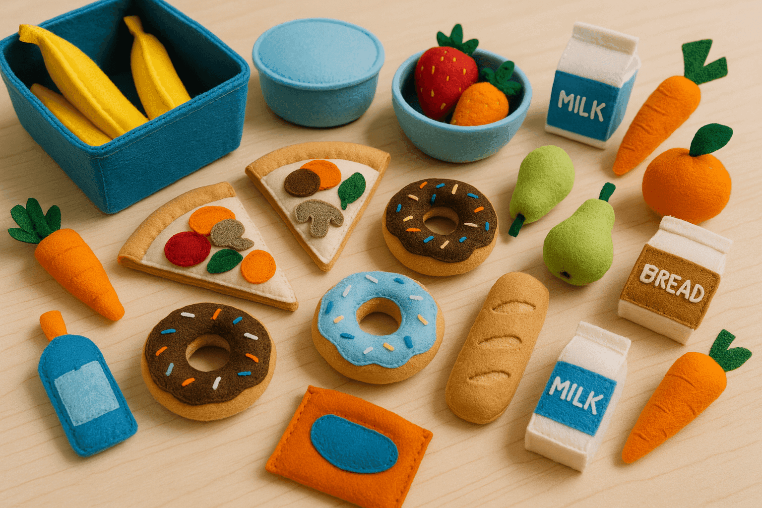 Colorful handmade felt food collection including pizza slices, donuts, and pretend groceries for children's educational play kitchen