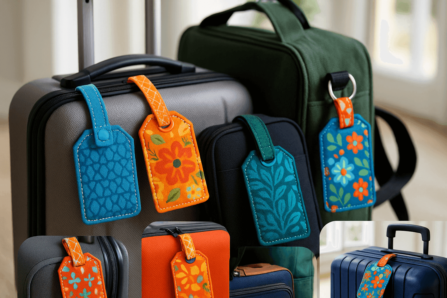 Colorful handmade fabric luggage tags in various patterns attached to modern suitcases ready for travel with bright summer lighting