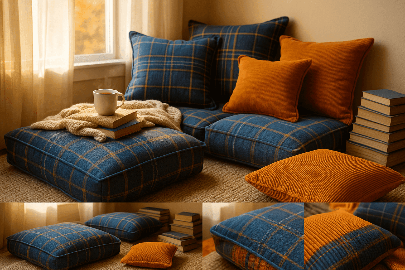 Cozy reading nook with handmade floor cushions in warm plaid and corduroy fabrics arranged near window with books and soft lighting