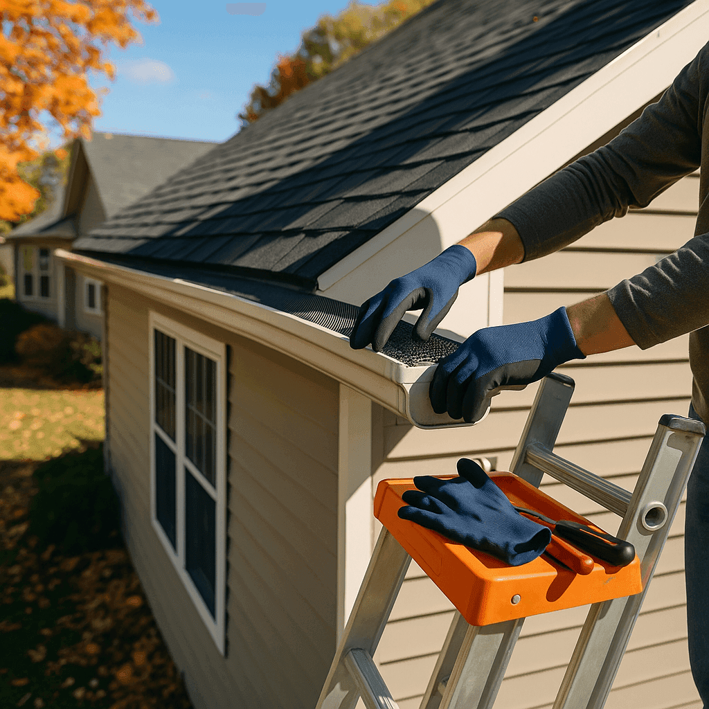 Homeowner installing black mesh gutter guards on clean gutters during a sunny autumn afternoon with ladder safely positioned against the house