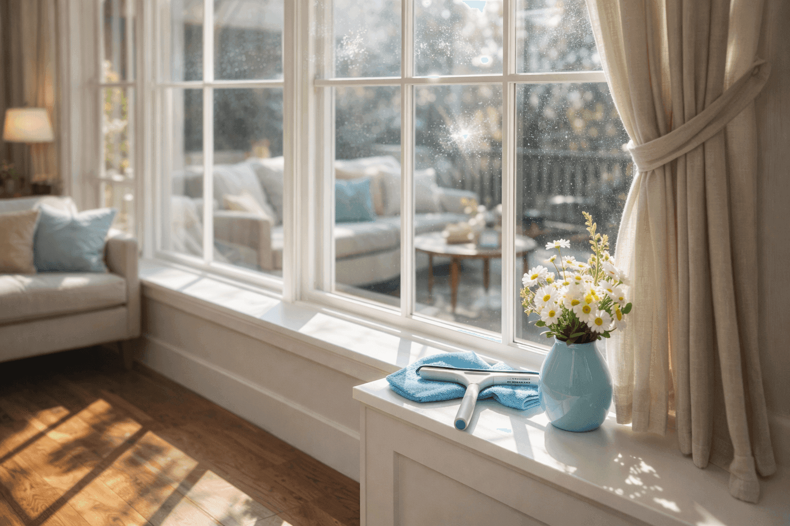 Sparkling clean windows with bright sunlight streaming through, cleaning supplies and squeegee visible on windowsill