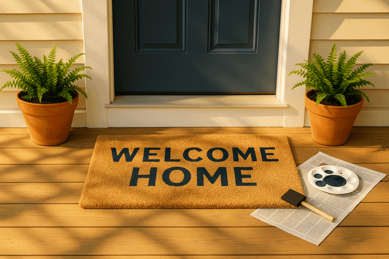 Custom stenciled doormat with welcome message on front porch beside potted plants and white door with fresh paint supplies nearby