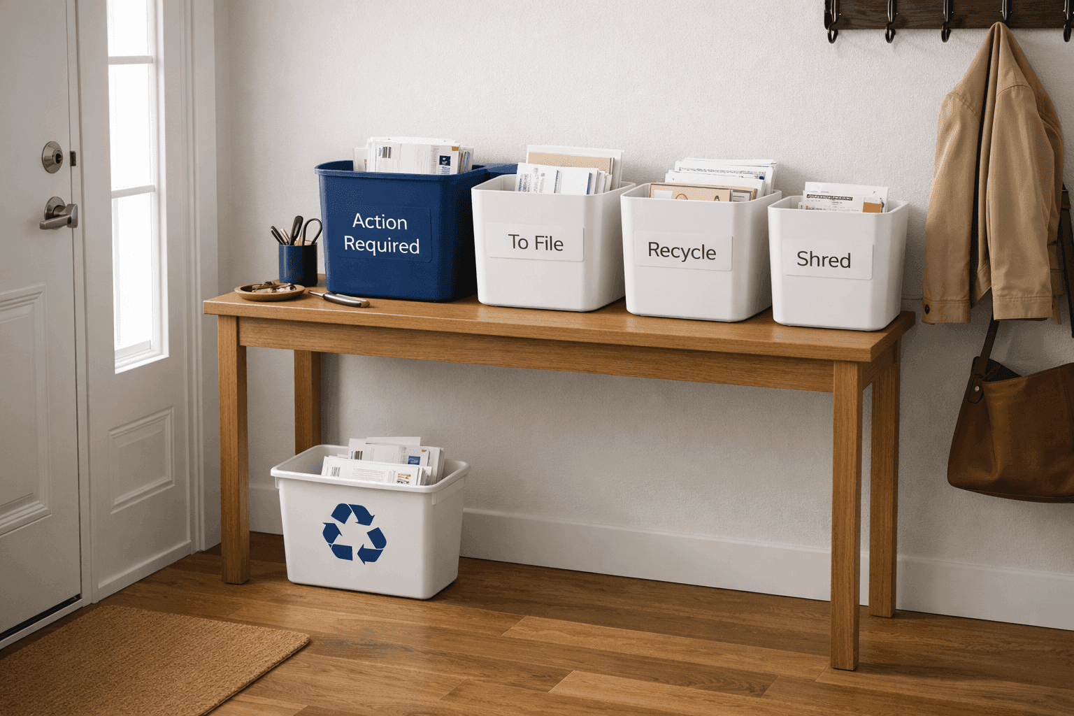 Organized mail sorting station with labeled bins near entryway showing sorted mail and recycling system