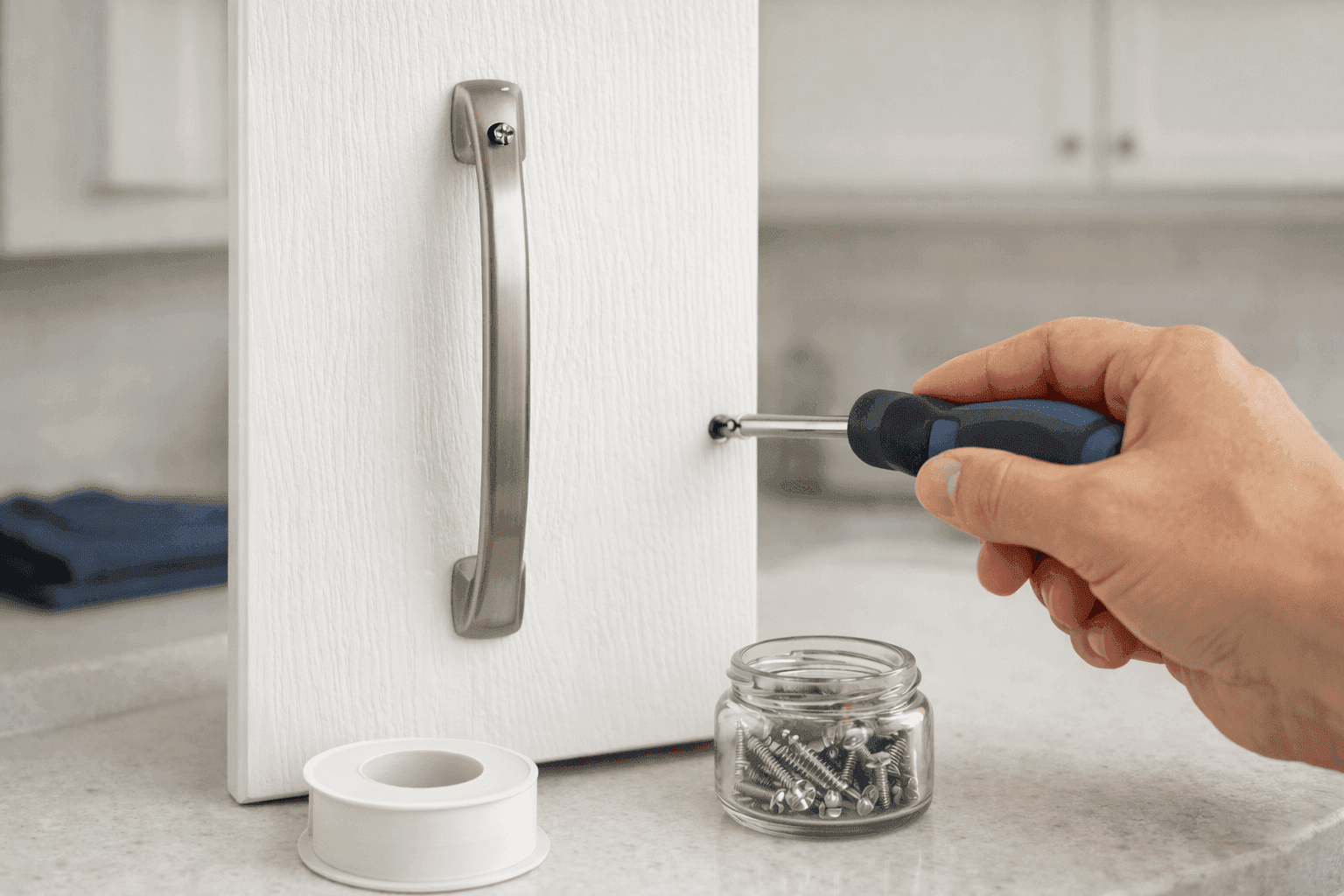 Close-up of hand tightening cabinet hardware screw from inside kitchen cabinet with screwdriver