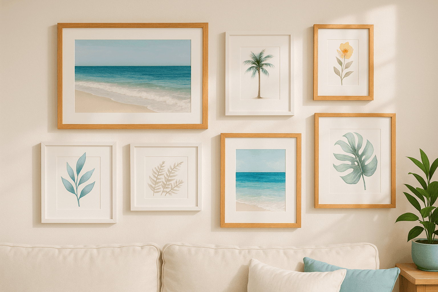Bright living room with coastal prints and botanical illustrations replacing heavy winter artwork on gallery wall