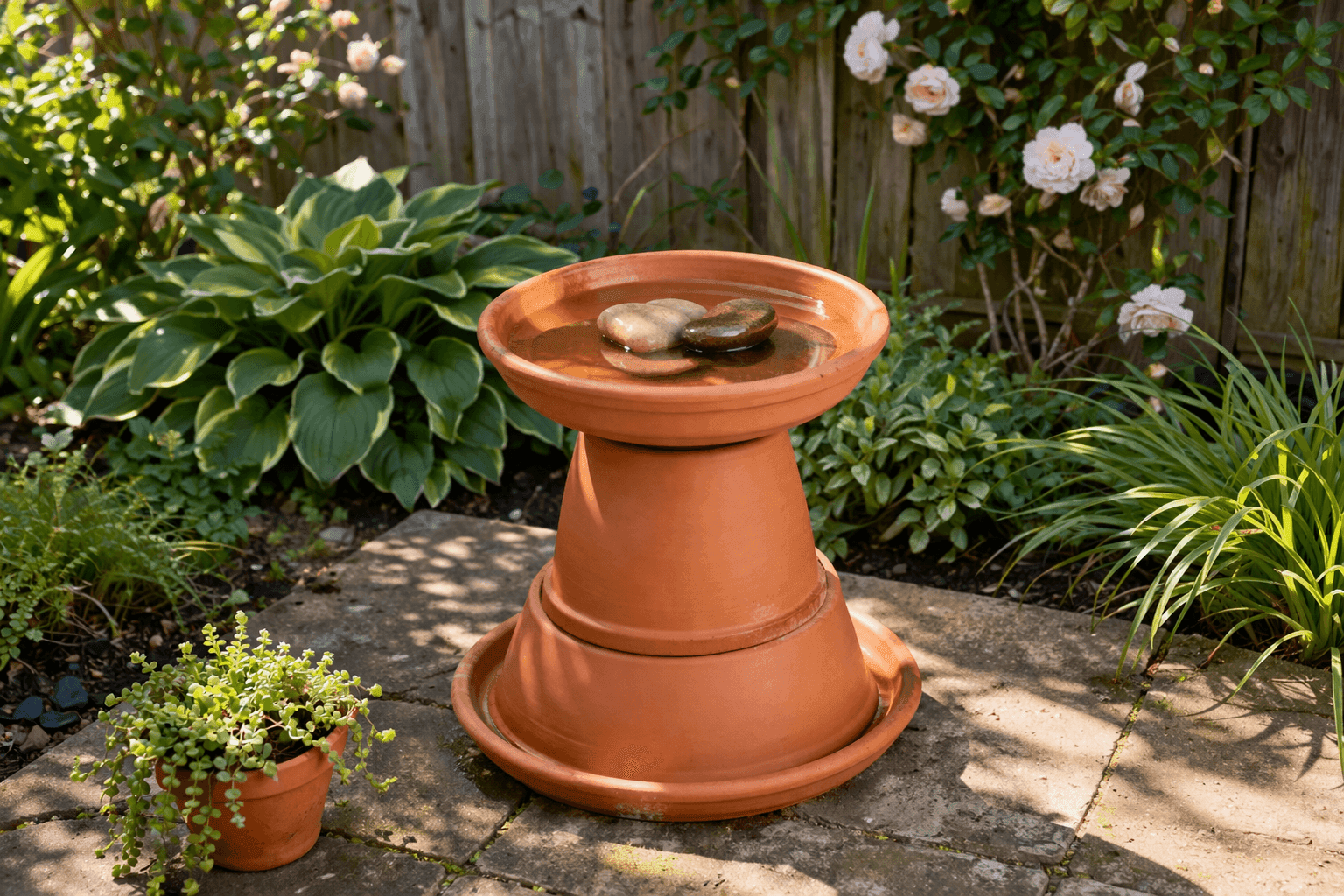Three stacked terra cotta saucers forming a tiered birdbath on a sunny garden patio