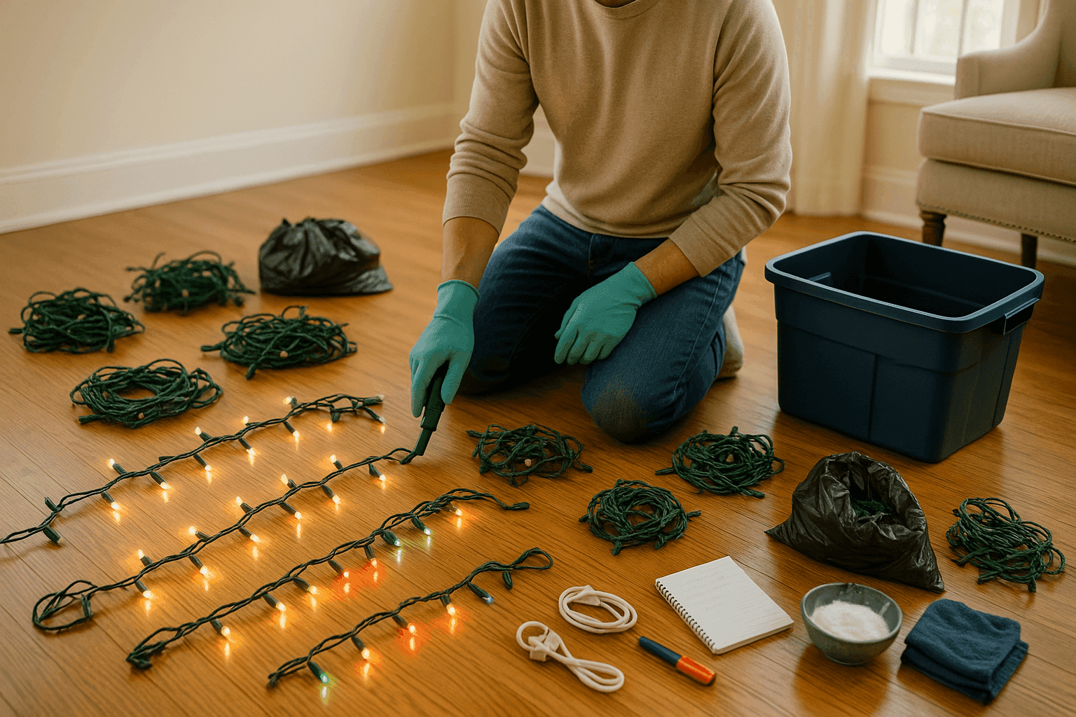 Person testing holiday light strands on floor checking for dead bulbs and frayed wires before outdoor decorating begins
