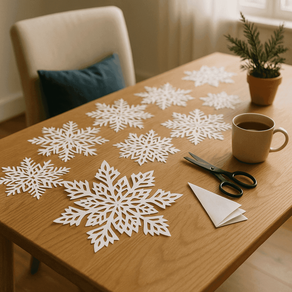 Intricate paper snowflakes in various patterns spread across table with scissors and folded paper in peaceful crafting workspace