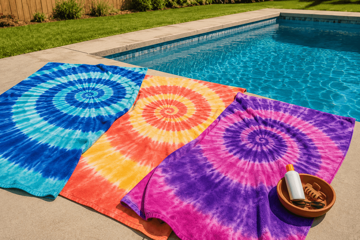 Three vibrant spiral tie-dye beach towels in bold colors spread across a sunny pool deck with sunscreen and sunglasses nearby