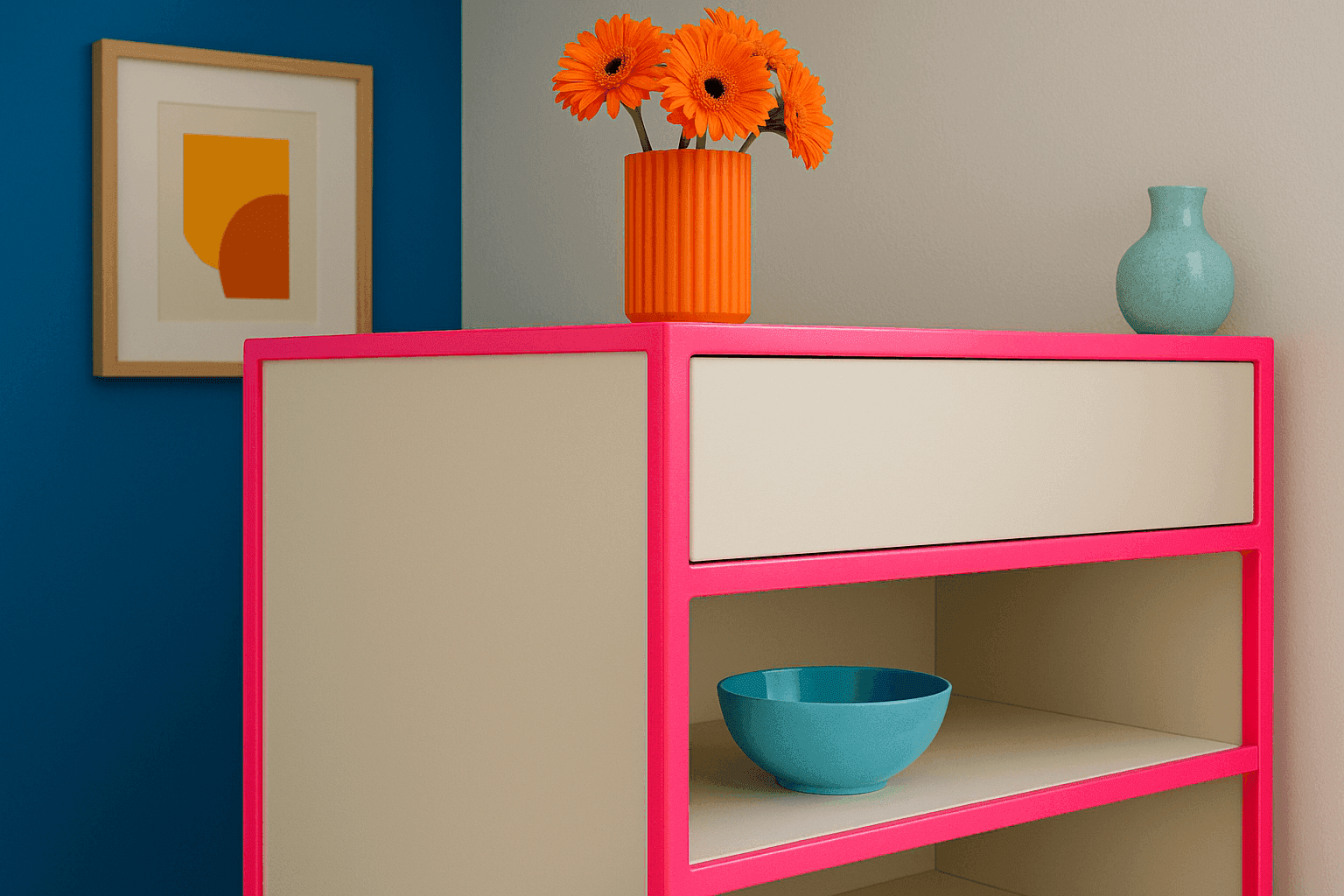 Modern dresser with striking neon pink edges and corners creating dramatic contrast against neutral base color in contemporary bedroom setting
