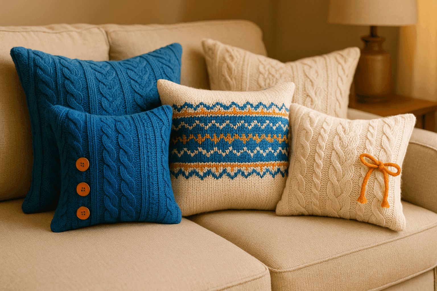 Cozy living room featuring beautiful throw pillows made from repurposed sweaters in various textures and colors arranged on neutral sofa