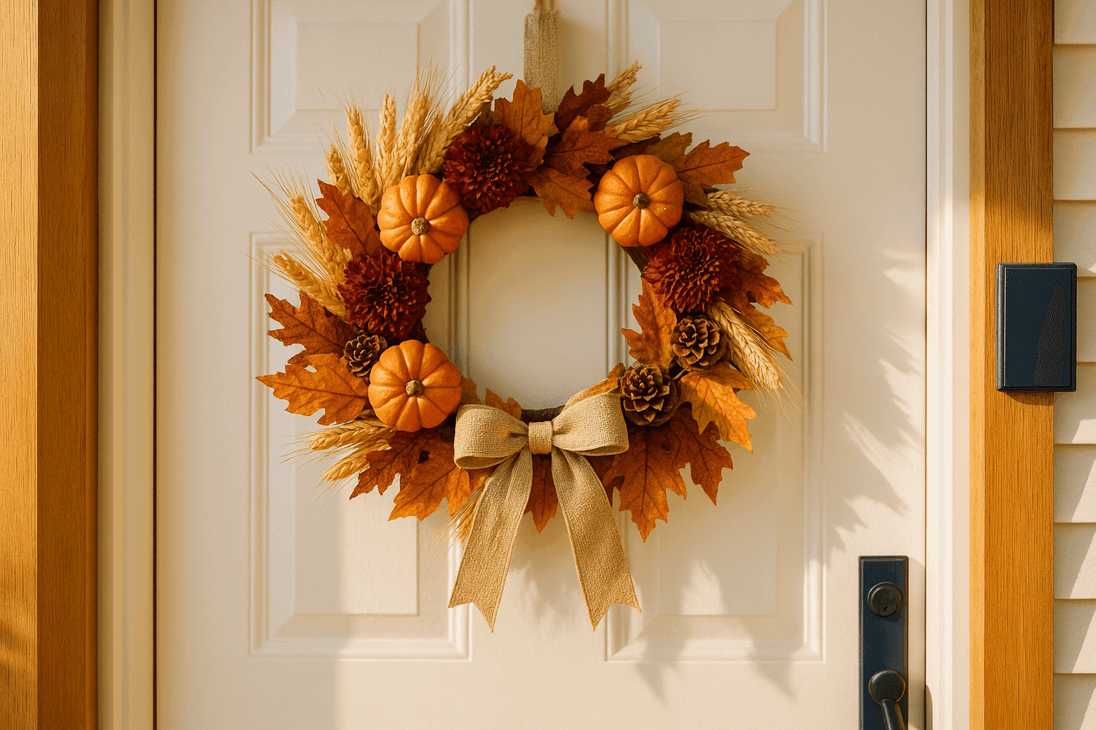 Beautiful autumn wreath on a front door showing the transformation from Halloween to Thanksgiving with rich harvest elements and warm natural tones