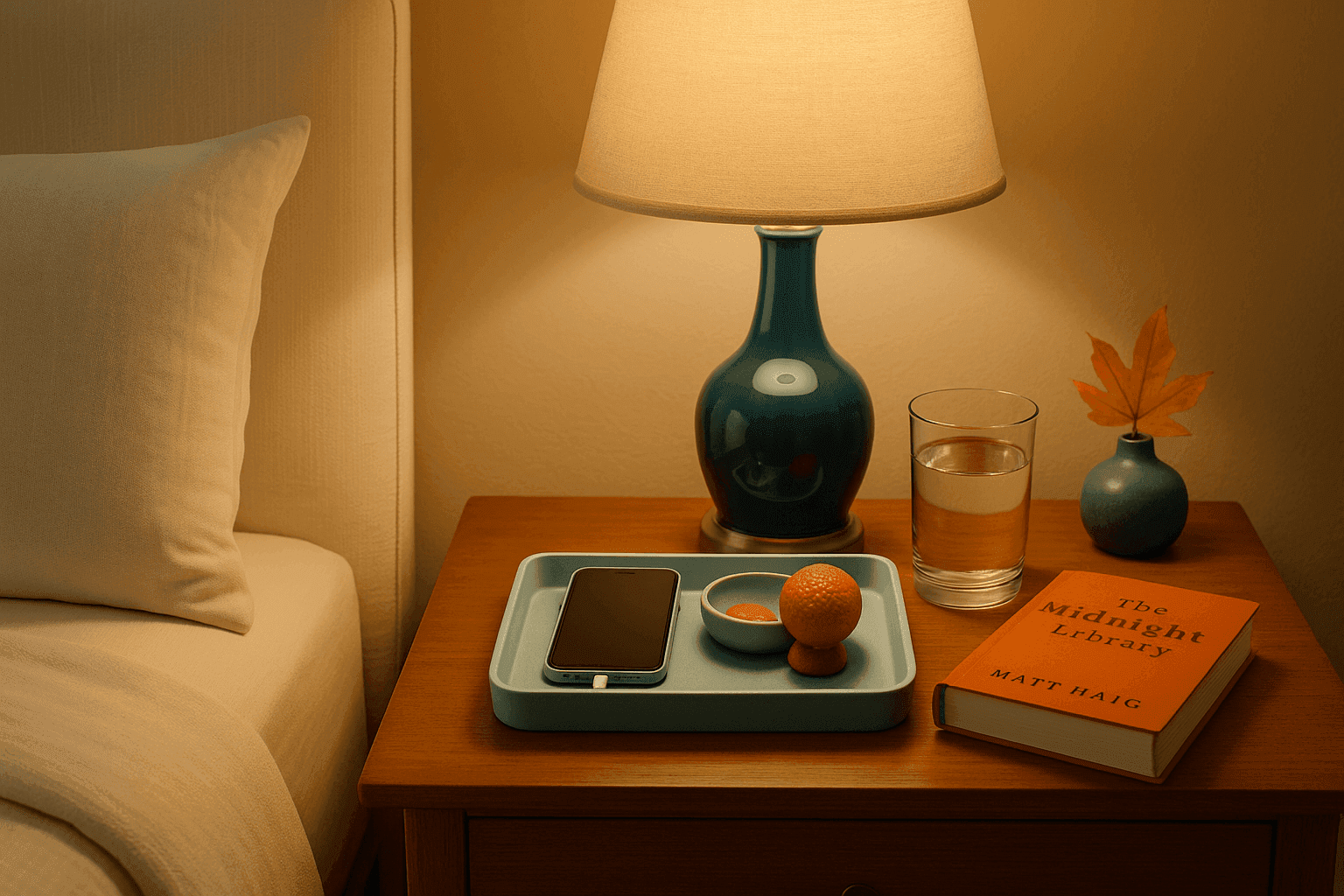 Beautifully styled nightstand with minimal essentials organized on a small tray creating hotel-like bedroom elegance and functionality