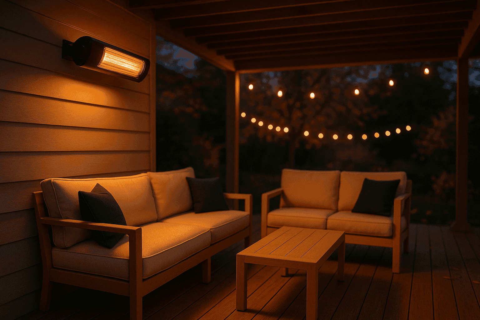 Cozy covered patio with mounted infrared heater illuminating an outdoor seating area on a cool autumn evening