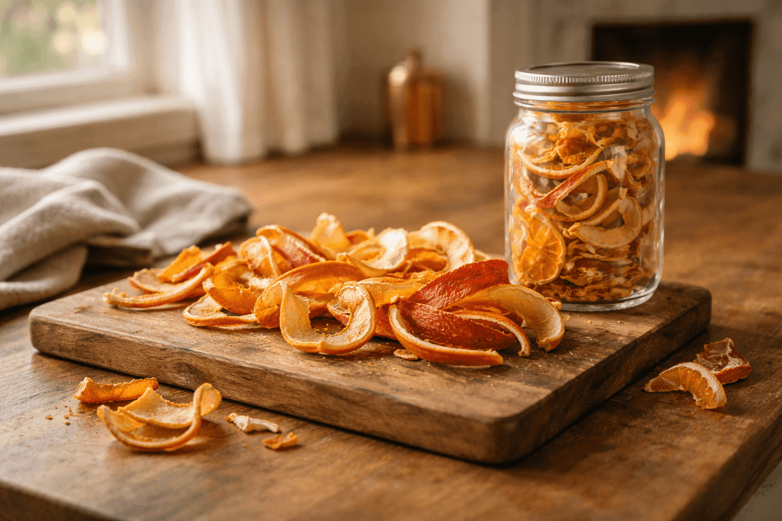 Dried citrus peels arranged on rustic wooden surface ready to use as natural fire starters with fireplace in background