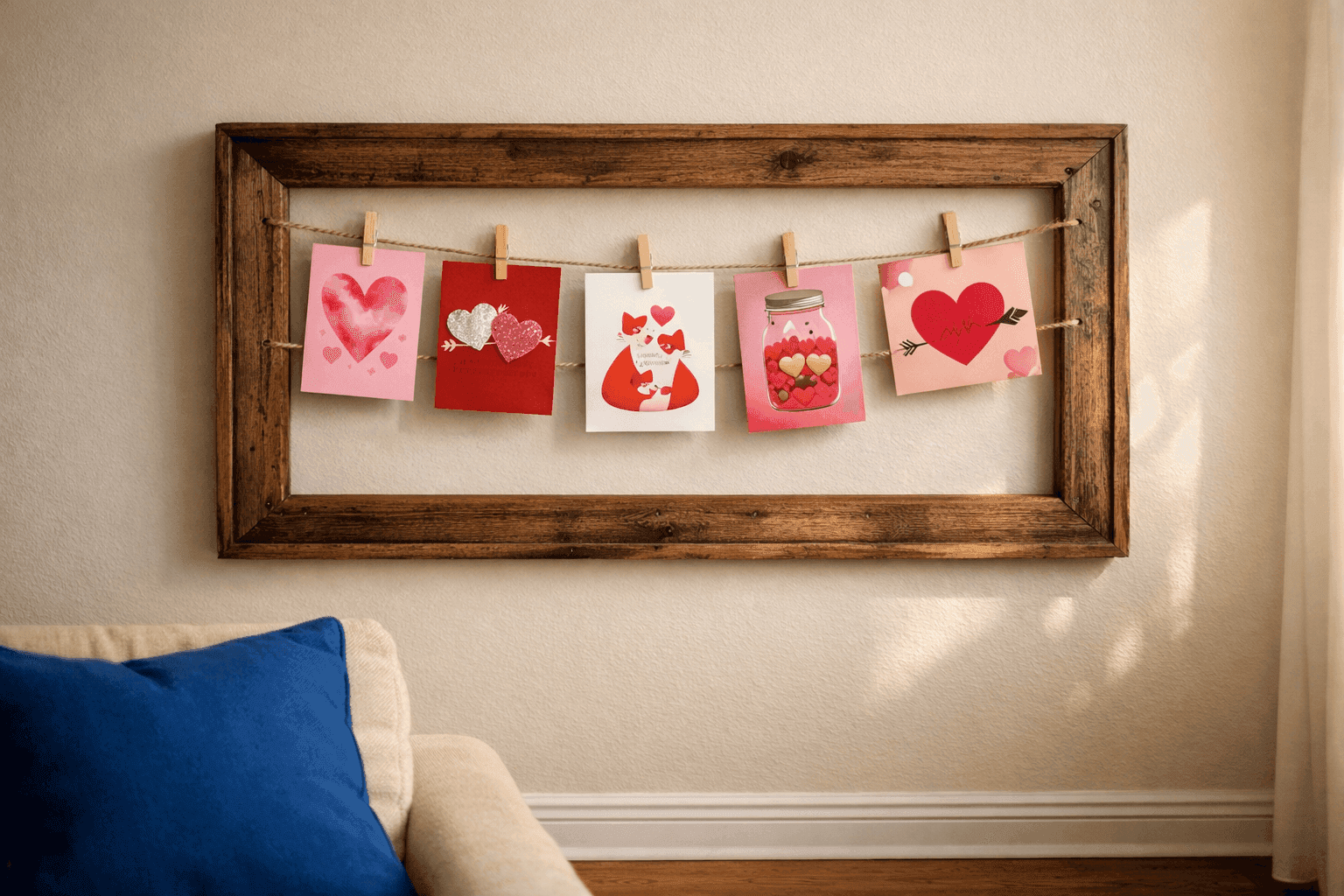 Rustic picture frame with twine strings and mini clothespins displaying colorful Valentine's Day cards hanging in living room