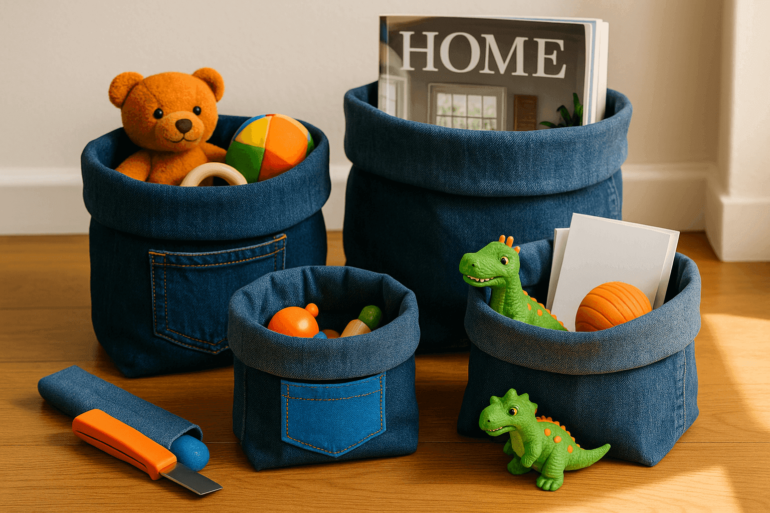 Stylish denim storage baskets made from repurposed jeans displaying rustic rolled tops and sturdy construction filled with toys and magazines
